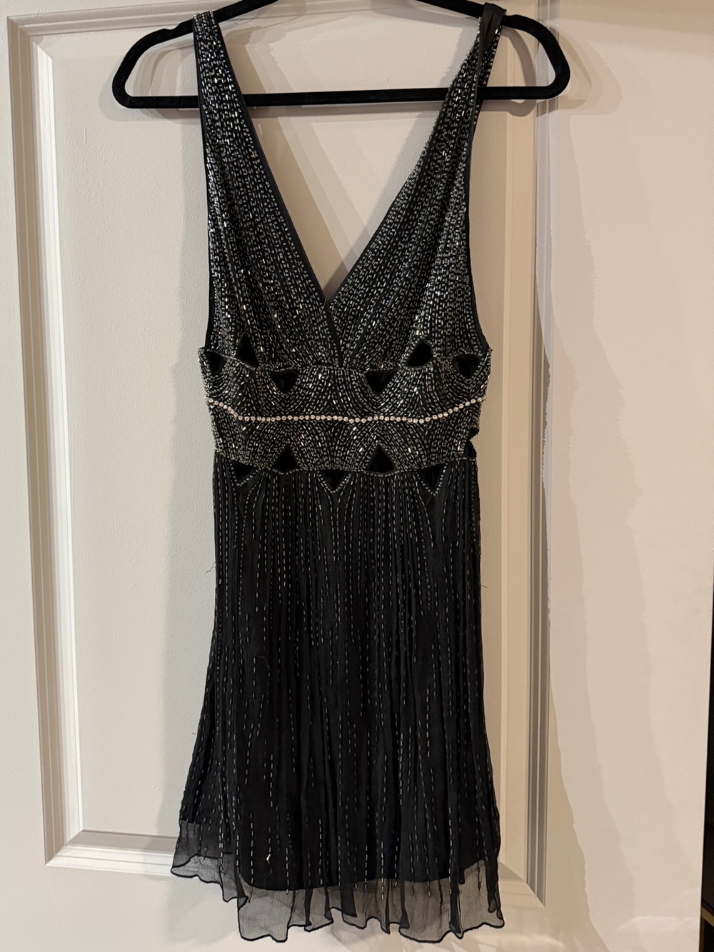 Black Cecilia de Bucourt Mini Beaded V-Neck Cocktail Dress with Cut Outs
